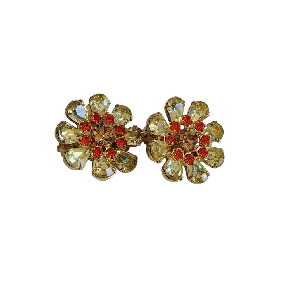 Vintage Rhinestone Glass Flower Earrings (A1568)